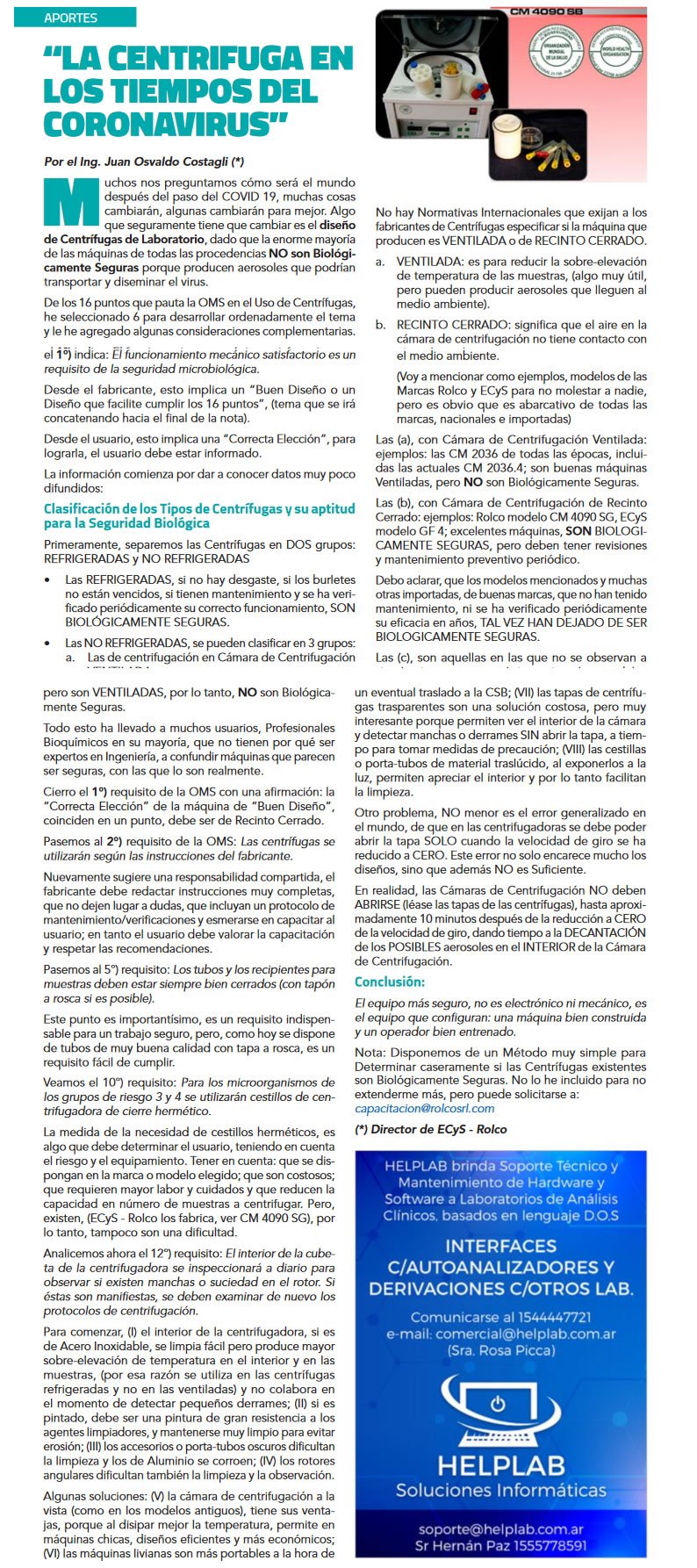 Artículo de prensa sobre Rolco en la revista Novedades Bioquímicas